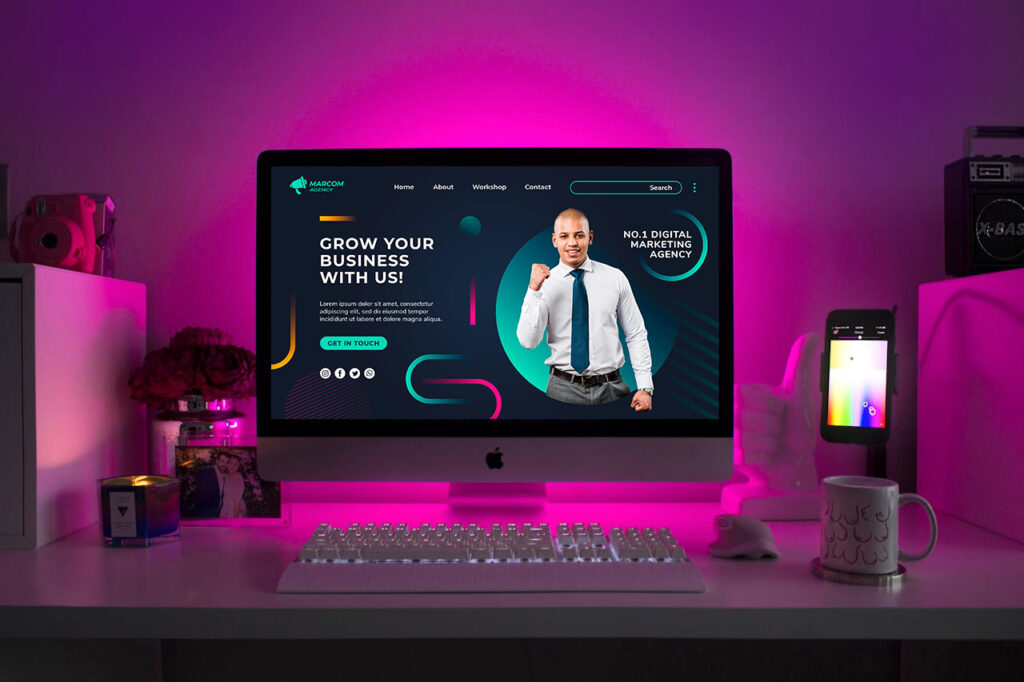 Professional business website landing page design displayed on a desktop computer